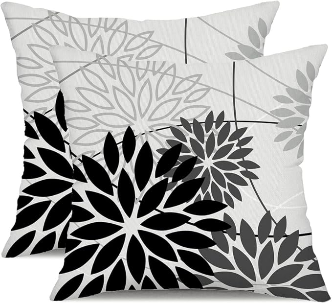 Black Grey Floral Pillow Covers 20x20 Set of 2 Outdoor Waterproof White Colored by DFXSZ