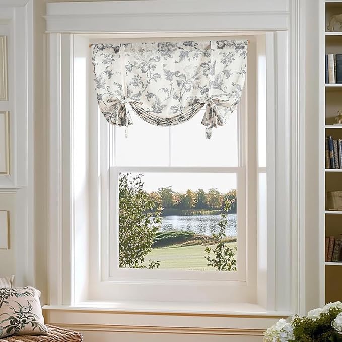 jinchan Tie Up Valance Curtain Floral Linen Gray - Image 3