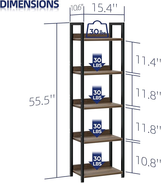 NUMENN Narrow Bookshelf, 5 Tier Bookshelves, Home Office Bookcase Shelf Storage - Image 3