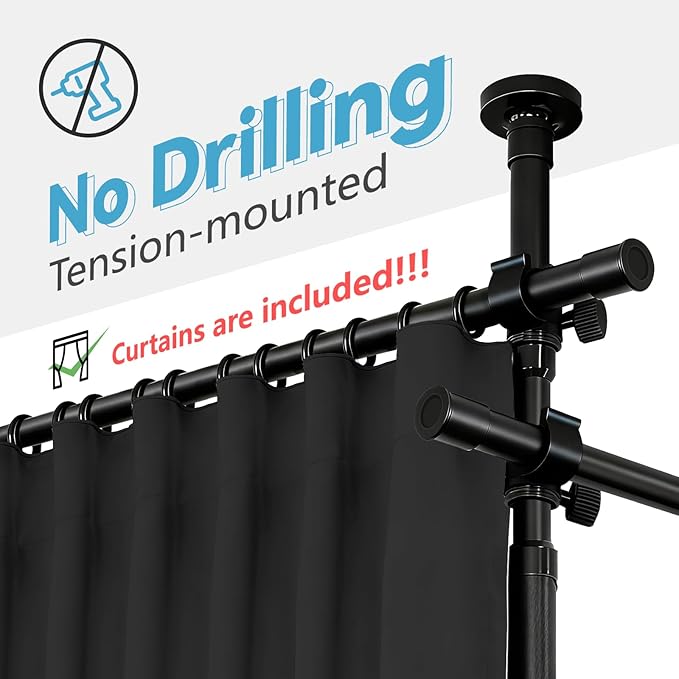 Jilron No-Drill Room Divider Curtains Set: Includes 106" W x 84" L Black - Image 2