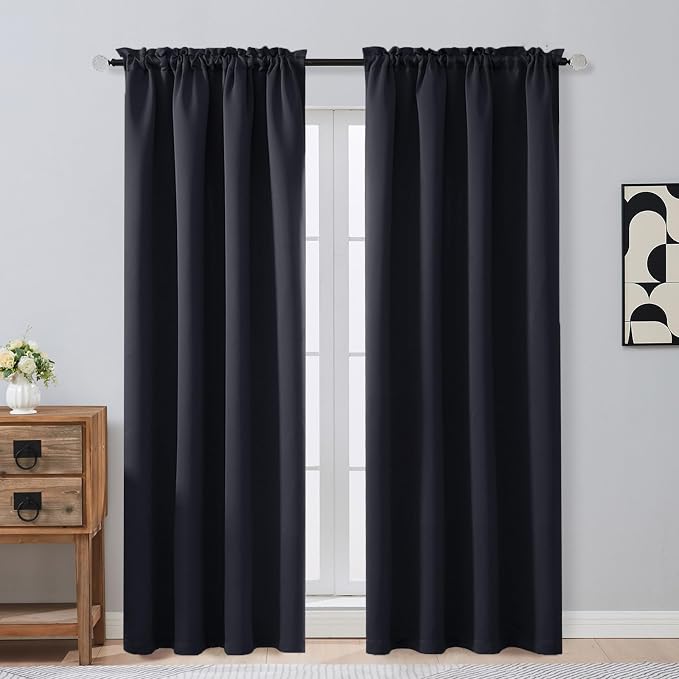OVZME Black Blackout Curtains 84 Inches Long 2 Panels Set, Solid Thermal by OVZME