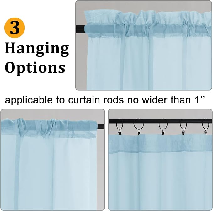 Gwine Sky Blue Sheer Kitchen Curtains 36 Inch Length, Light Filtering Voile - Image 4