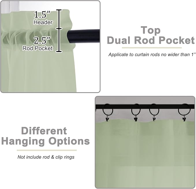 Sheer Light Green Curtains for Bedroom Living Room 90 Inches Long 2 Panels Set - Image 4