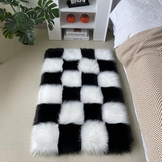 Fluffy Faux Fur Black and White Checkered Rug，Small Area Rug, 2x3 Ft Ultra Soft by CKLZSAY