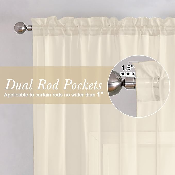 Lecloud Cream Sheer Curtains 108 Inches Long 2 Pcs, Dual Rod Pocket Home Decor - Image 6