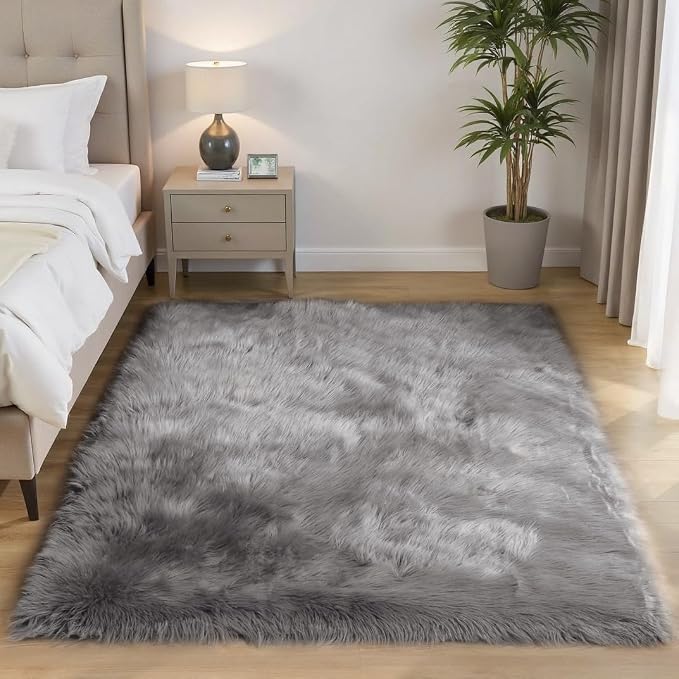 Goolela 5x8 Area Rug Faux Fur Rug Fluffy Washable Grey Sheepskin Large Rug - Image 2
