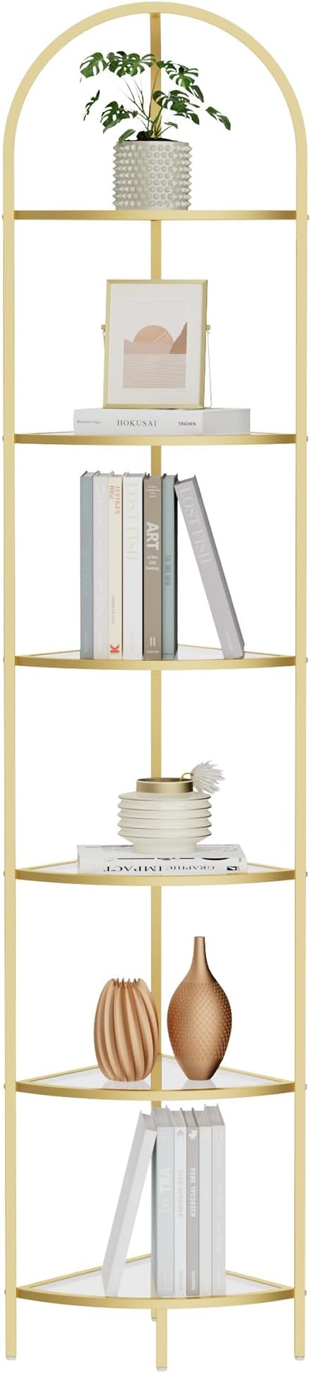 Homhedy 6-Tier Corner Shelf Stand, Metal Corner Bookshelf, Tempered Glass - Image 9