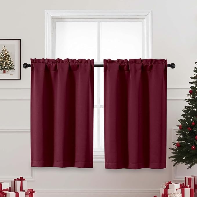 OVZME Christmas Burgundy Kitchen Curtains 36 Inch Length, Thick Solid Small by OVZME