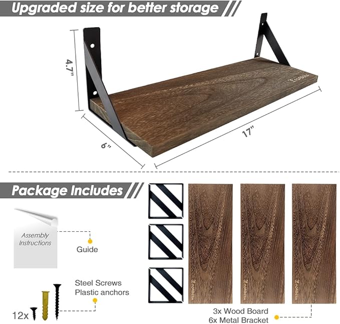 Rustic Floating Shelves Wall Mounted Set of 3, 17 Inch Natural Wood Wall Shelves - Image 3
