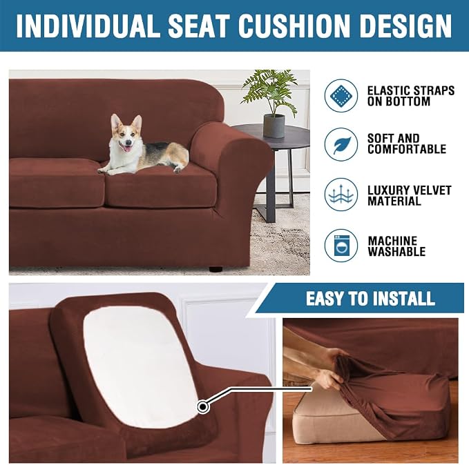 H.VERSAILTEX Modern Velvet Plush 4 Piece High Stretch Sofa Slipcover Furniture - Image 7