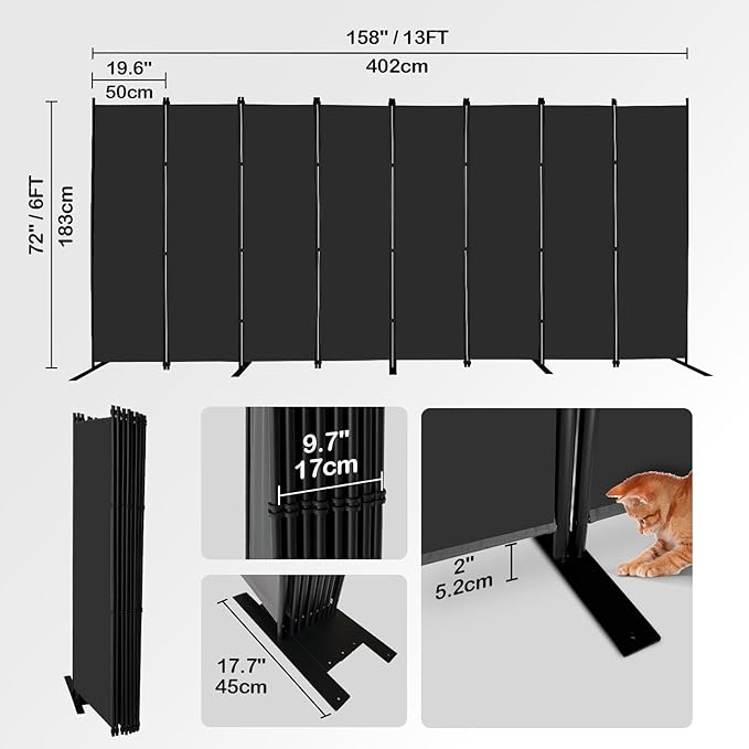 MAYOLIAH 8-Panel Black Room Divider 6ft Tall Folding Privacy Screen Portable - Image 4