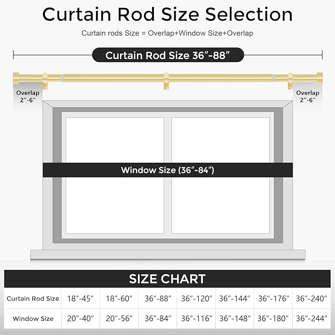 VOIIY 2 Pack Gold Curtain Rods for Windows 48 to 84 Inch, Size:36-88 Inch - Image 5