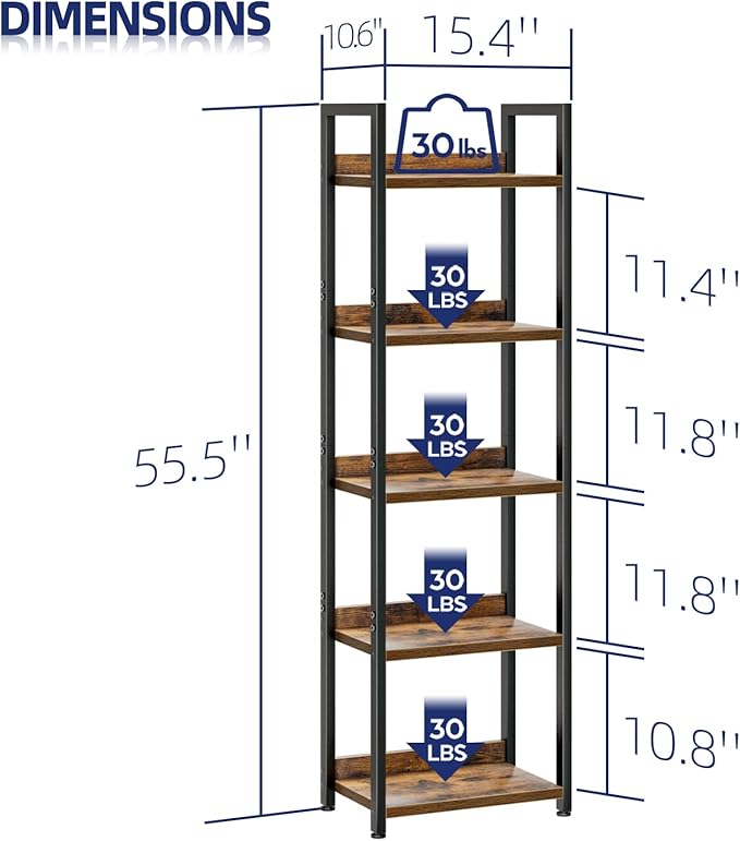 NUMENN Narrow Bookshelf, 5 Tier Bookshelves, Home Office Bookcase Shelf Storage - Image 3