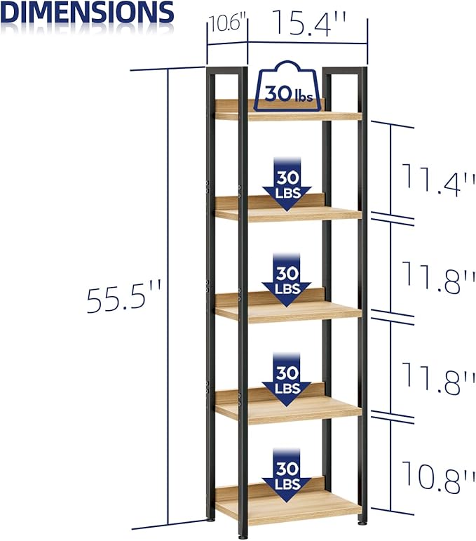 NUMENN Narrow Bookshelf, 5 Tier Bookshelves, Home Office Bookcase Shelf Storage - Image 3