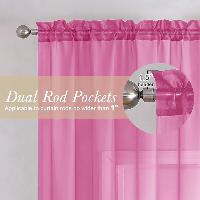Lecloud Hot Pink Sheer Curtains 96 Inches Long 2 Panels, Rod Pockets Solid - Image 5