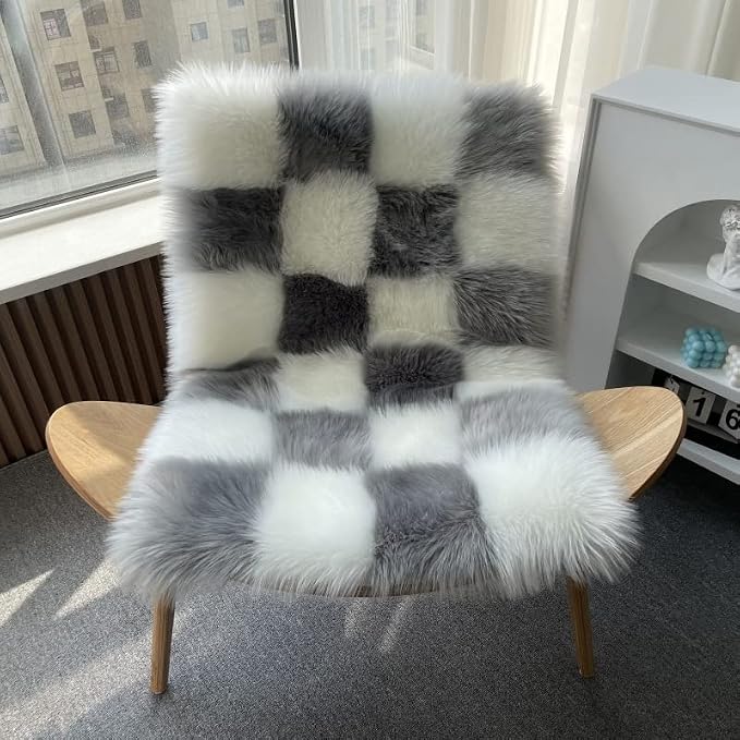 Fluffy Faux Fur Gery and White Checkered Rug，Small Area Rug, 2x4 Ft Ultra Soft - Image 2