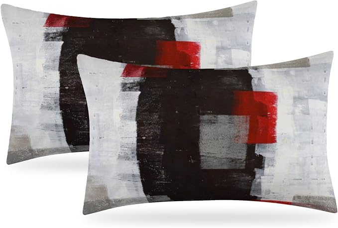 Red and Grey Abstract Art Pillow Cover, Modern Black White Decorative Throw by Alricc
