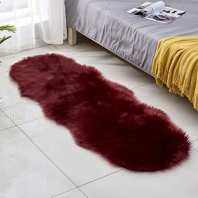 Wine Red Faux Fur Area Rug -Shaggy Sheepskin Fluffy Carpet Art Rugs Chic Floor by Unknown