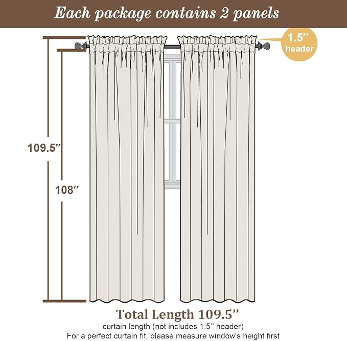 Chyhomenyc Natural Curtains 90 Inch Length 2 Panels Set, Faux Linen Textured - Image 3