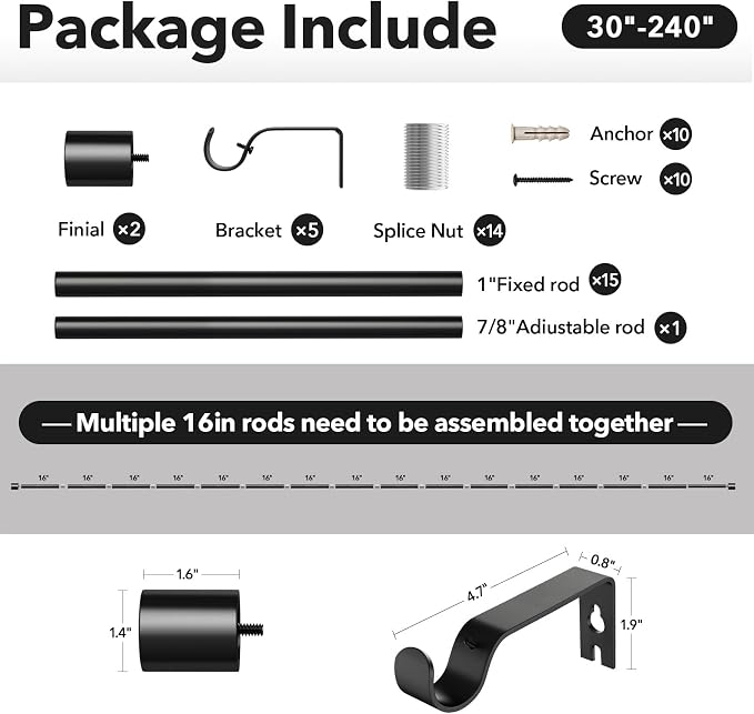 Extra Long Curtain Rods for Windows 32 to 240 Inch, 1 Inch Black Heavy Duty - Image 7