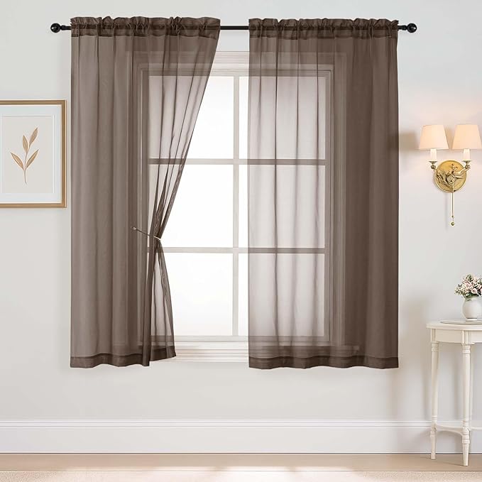 Chocolate Sheer Curtains 63 Inch Length 2 Panels, Voile Sheer Curtain by Home