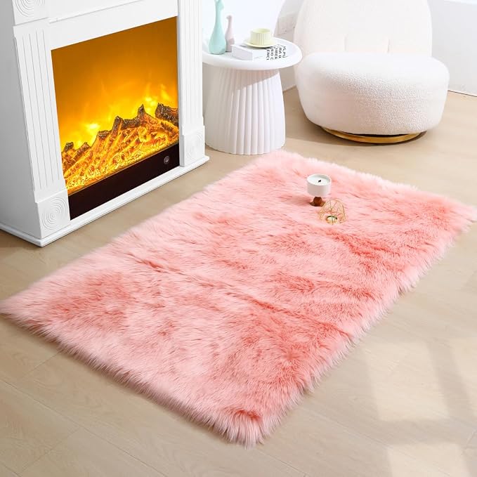 Fluffy Faux Fur Rug Pink Sheepskin Area Rug, 3x5 Ft Ultra Soft Shaggy Plush Rug by CKLZSAY