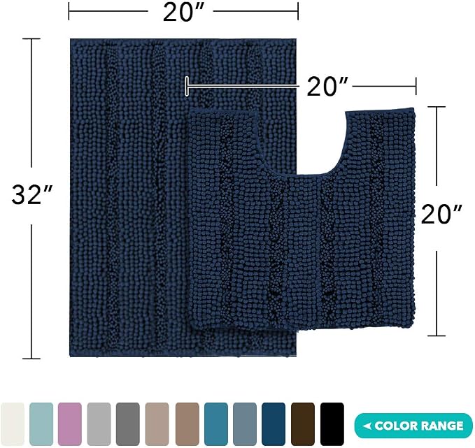 Turquoize Chenille Bathroom Rugs Set Non-Slip Bath Mats - Image 2