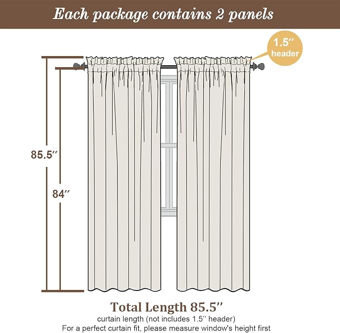Chyhomenyc Black Curtains 84 Inches Long 2 Panels, Faux Linen Light Filtering - Image 4