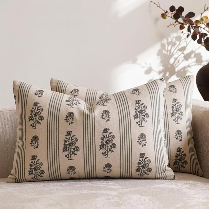 Amor Virisso Floral Throw Pillow Covers 12 x 20 Set of 2 Block Print Pillow by AffordableFloralPrintMaker