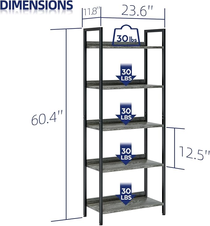 NUMENN Bookshelf, 5 Tier Bookshelves, Home Office Bookcase Shelf Storage - Image 3