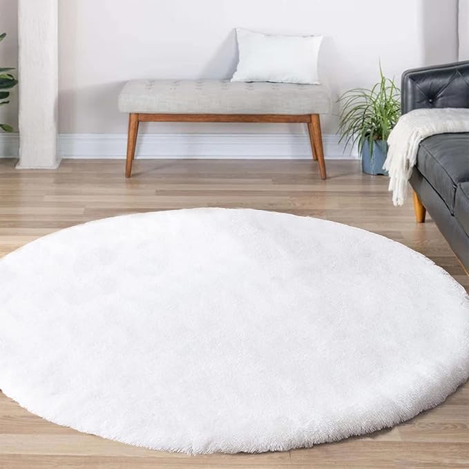 Latepis White Round Rugs 6ft Faux Rabbit Fur Rug by Latepis