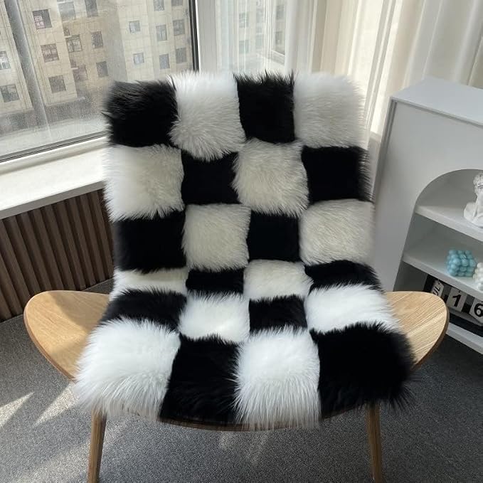 Fluffy Faux Fur Black and White Checkered Rug，Small Area Rug, 2x4 Ft Ultra Soft - Image 3