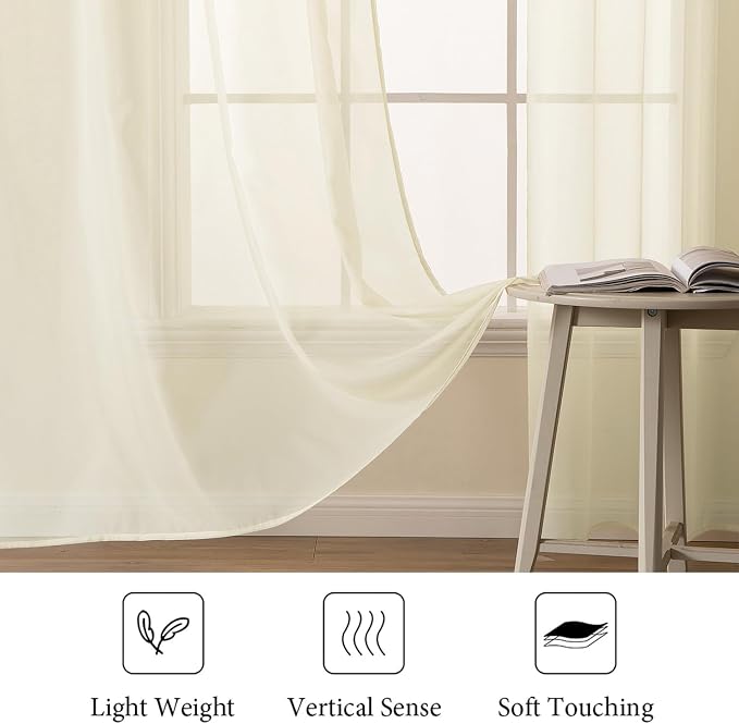MIULEE Light Cream Sheer Curtains 90 inches Long Window Curtains 2 Panels Solid - Image 4