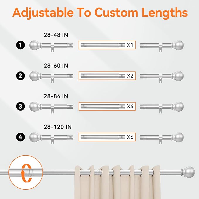 Silver Curtain Rods for Windows 48 to 84 or 88 Inches Max-2 Pack 5/8'' Metal - Image 4