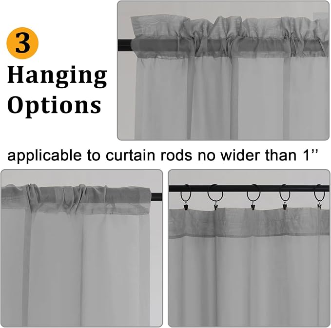 Gwine Charcoal Grey Sheer Kitchen Curtains 36 Inch Length, Light Filtering - Image 4