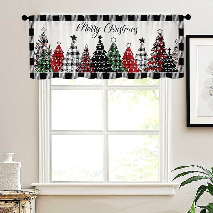 Christmas Kitchen Curtains Black and White Buffalo Plaid Christmas Tree Windows - Image 5