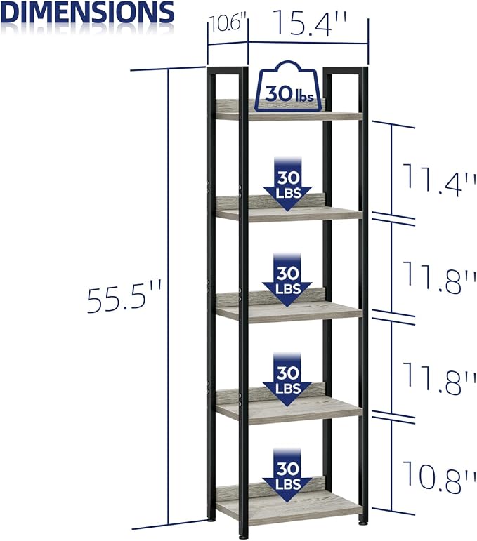 NUMENN Narrow Bookshelf, 5 Tier Bookshelves, Home Office Bookcase Shelf Storage - Image 3