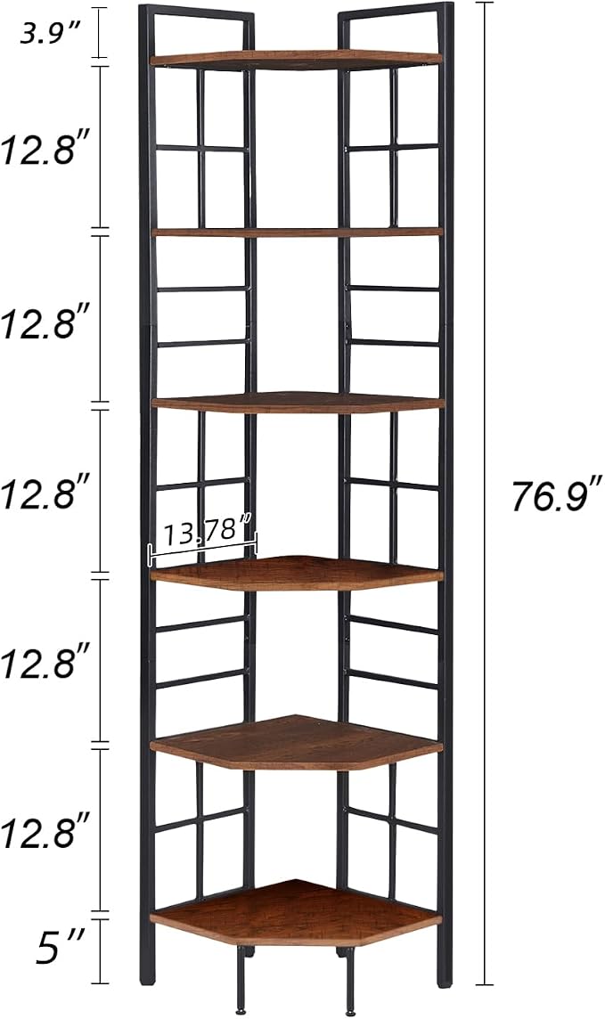 HOMISSUE Corner Shelf, 6 Tier Tall Narrow Bookshelf 76.9", Industrial Corner - Image 2