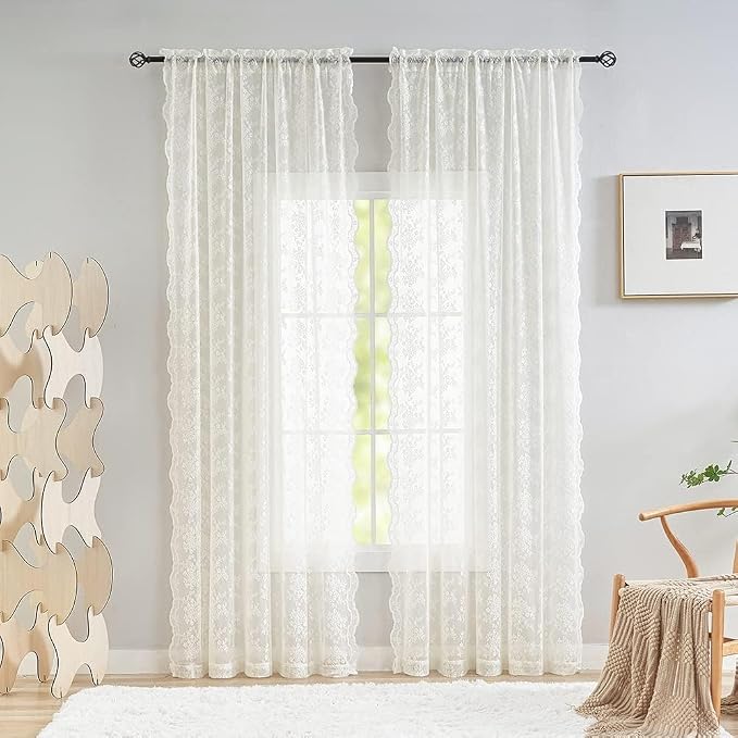 YJ YANJUN Vintage Lace Curtains 120 Inches Long-Antique Floral Ivory Privacy - Image 2