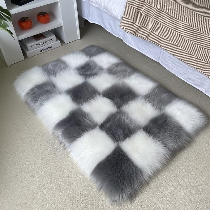 Fluffy Faux Fur Gery and White Checkered Rug，Small Area Rug, 2x4 Ft Ultra Soft by CKLZSAY