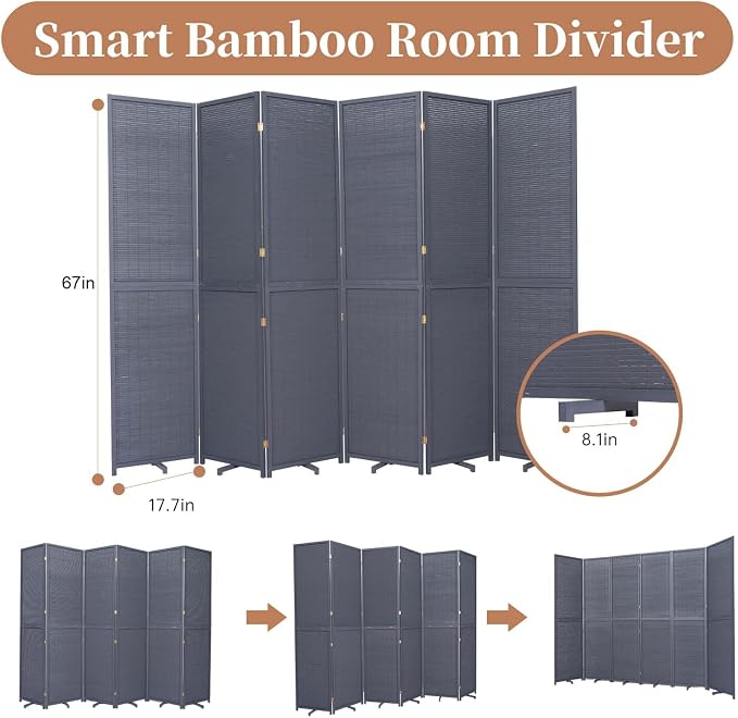 Room Divider Folding Privacy Screens, Hand-Made 67'' High Bamboo Room Dividers - Image 5