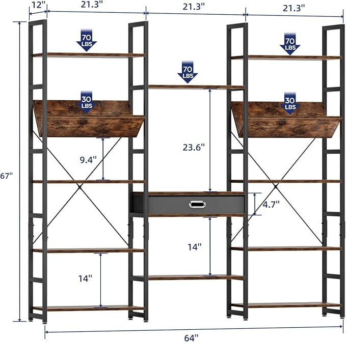 NUMENN Bookcases and Bookshelves Triple Wide 5 Tier Bookshelf, Large Etagere - Image 2