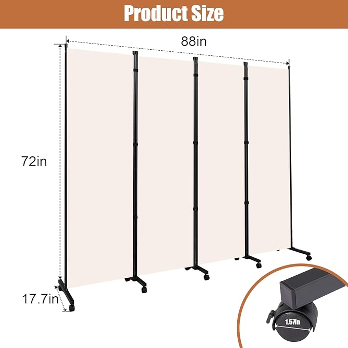 Room Divider Portable 88'' Partition Room Dividers/Wheel, 4 Panel Wall Divider - Image 6