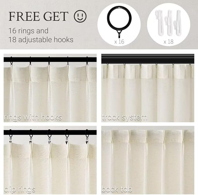 Topfinel Pinch Pleated Curtains 90 Inches Long 1 Panels Set, Natural Cream Semi - Image 2