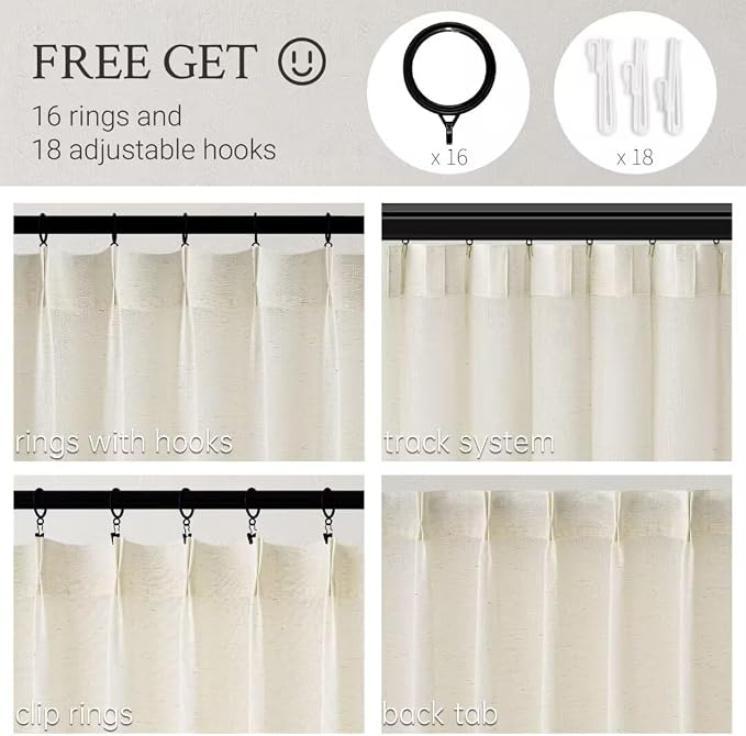 Topfinel 108 Inch Pinch Pleated Linen Curtains 1 Panels, Natural Semi Sheer - Image 2
