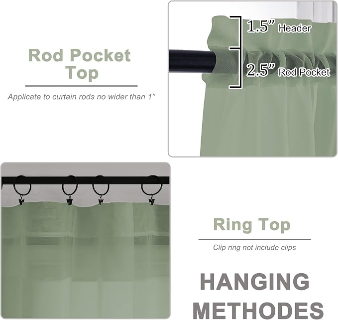 OWENIE Sheer Sage Green Curtains, Sheer Curtains 63 inch Length 2 Panels Set - Image 3