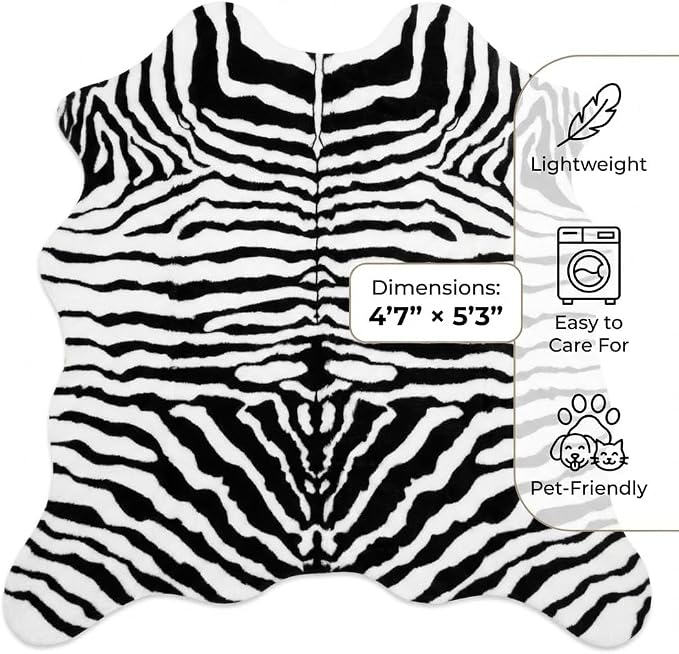MustMat Faux Zebra Print Area Rug 4'7'' × 5'3'' Cute Soft Black and White - Image 2