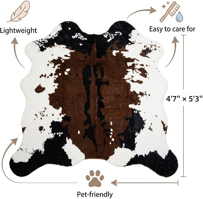 MustMat Brown Cow Print Rug 4'7''×5'3'' Faux Cowhide Rugs Cute Animal Printed - Image 2