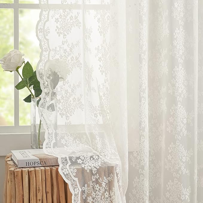 YJ YANJUN Vintage Lace Curtains 54 Inch Length- Victorian Floral Pattern Ivory by YJYANJUN