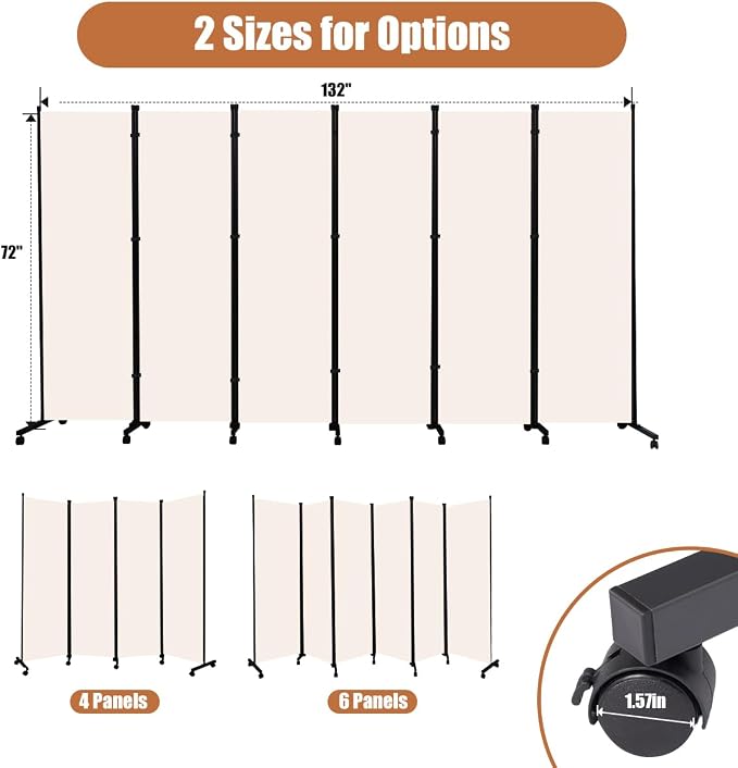 Room Divider Portable 132'' Partition Room Dividers/Wheel, 6 Panel Wall Divider - Image 5